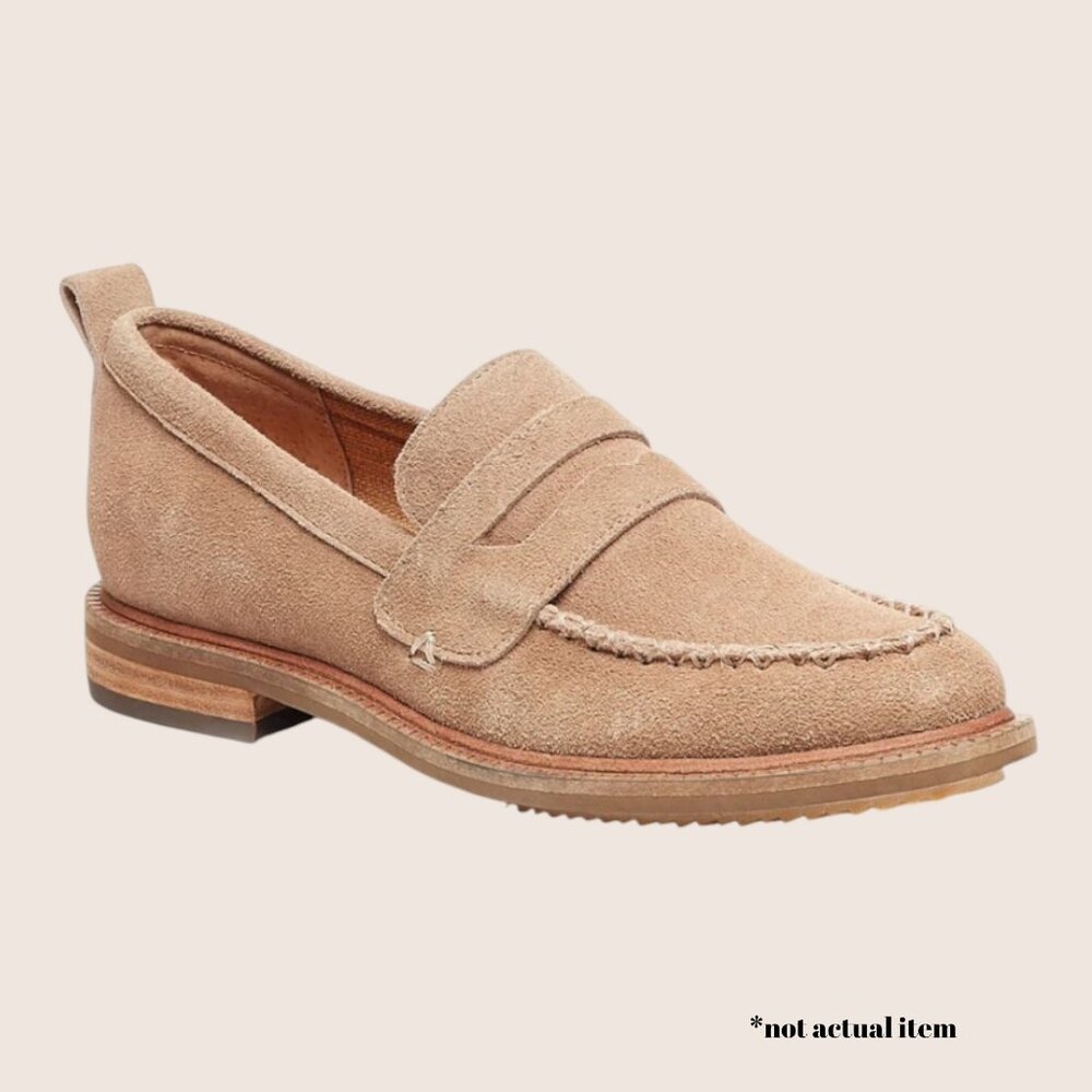 🥜 KELSI DAGGAR BROOKLYN LENS ALMOND BEIGE TAN SUEDE PENNY LOAFER SIZE 7.5